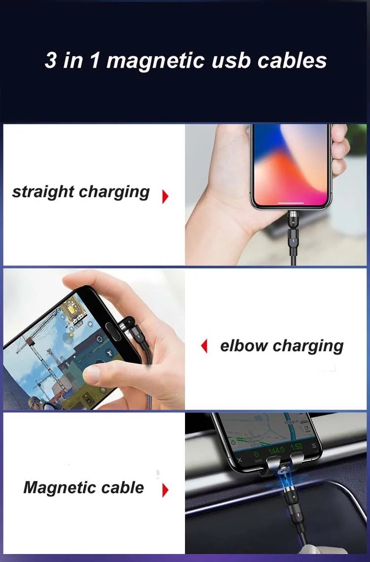 540 Rotation Led 3 In 1 Fast Charging Magnetic Cable Charger - ANKUX.COM