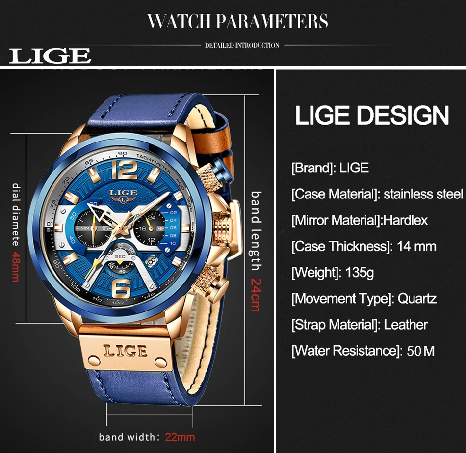 Lige 8917 Latest Man Quartz Chronograph Leather Watch Calendar Waterproof