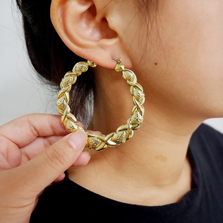 14k 18k Gold Plated Xoxo Heart Shape Custom Name Bamboo Hoop Earrings