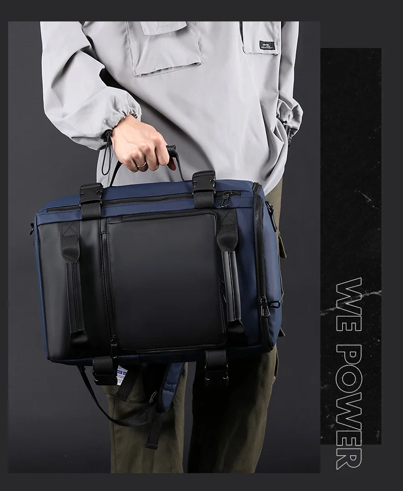 Men's Large Capacity Waterproof GPS Backpack Multifunctional PU Laptop Bag Zipper Handheld Business Travel Crossbody Polyester