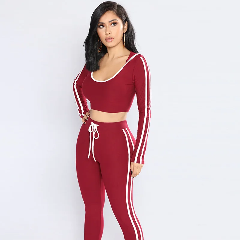Sexy Women Two Piece Tracksuit Long Sleeve Hooded Crop Tops Lace Up ...