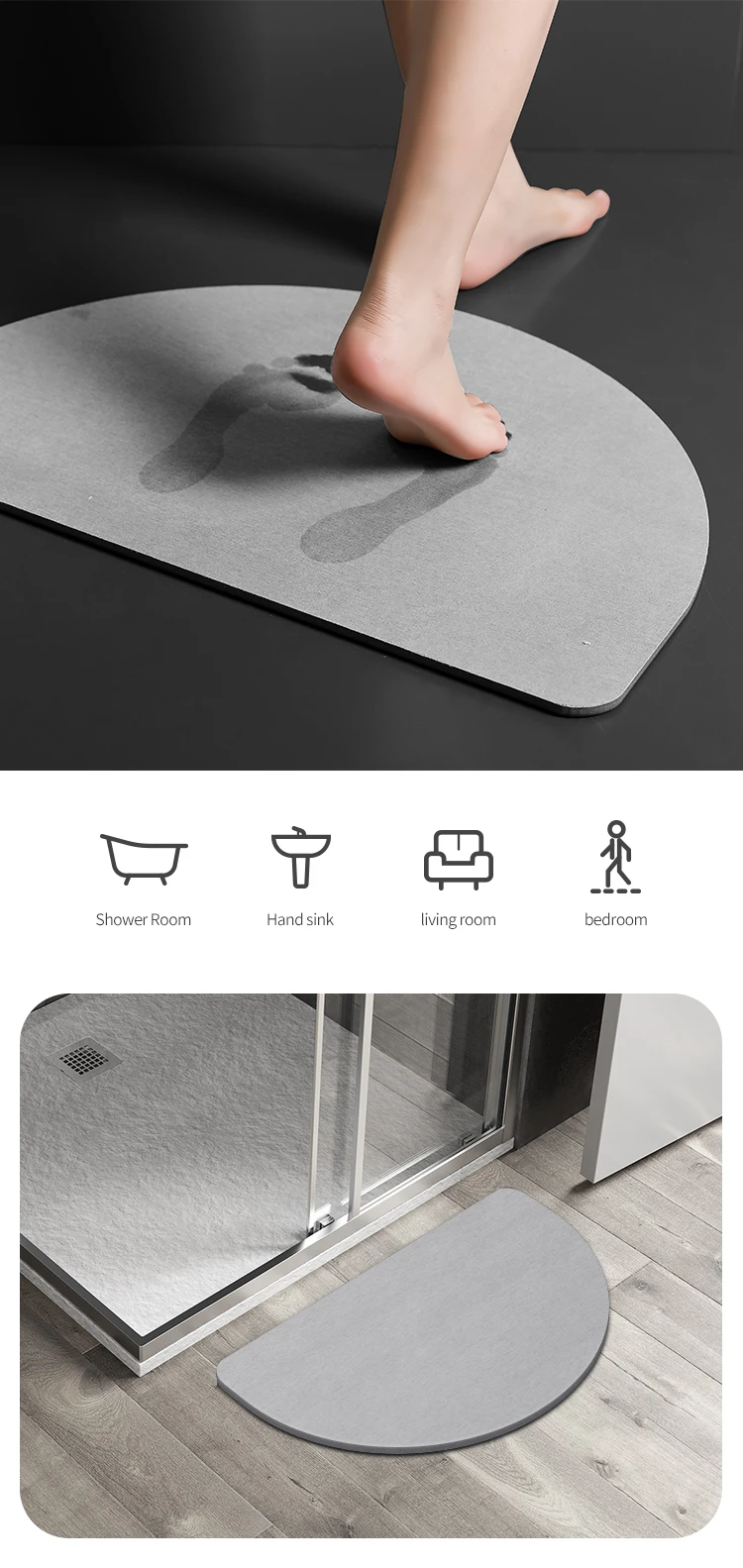 Popular semicircle diatomite bath mat with anti-slip mat