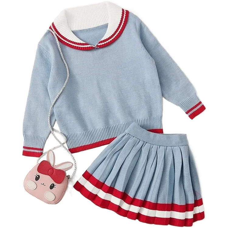 
2020 Children Peter Pan Collar Long Sleeves Stripe Pullover Pleats Ruffle Stripe Skirt Sweater Twin Set 