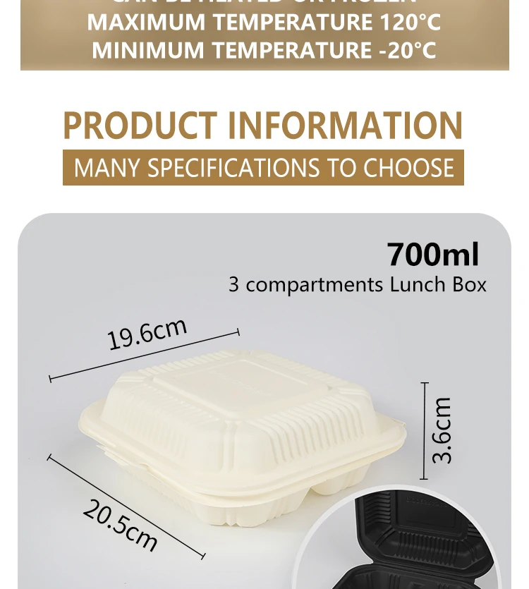 Microwave disposable lunch box corn strach fast food clamshell box 3 compartments fully biodegradable food container