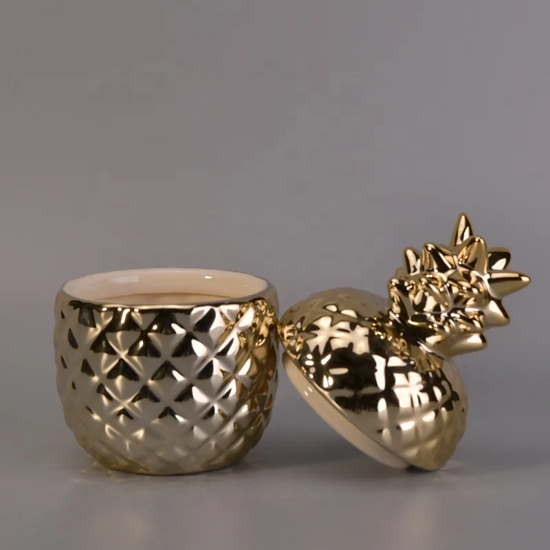 Pineapple gold ceramic candle vessel with lid wholesales