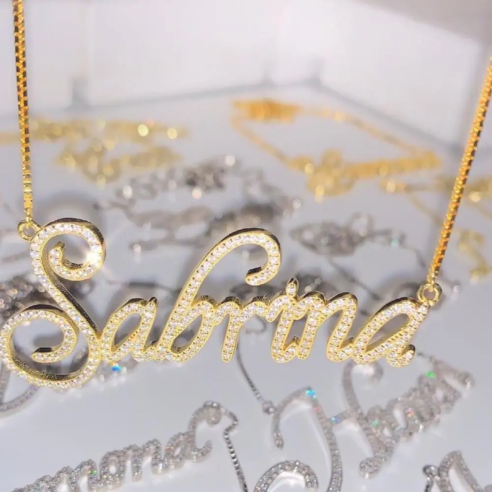 时尚个性名字项链锆石镀好银饰品925纯银定制名字吊饰项链
