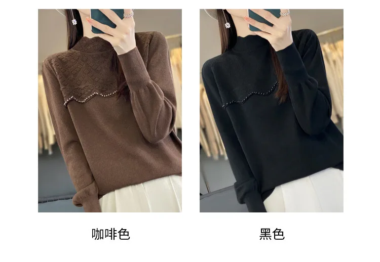 Winter New Vintage Half-Turtleneck Lace Base Shirt Women Fashion Pullover Sweater Anti-Pilling Korean Style Knitted Top