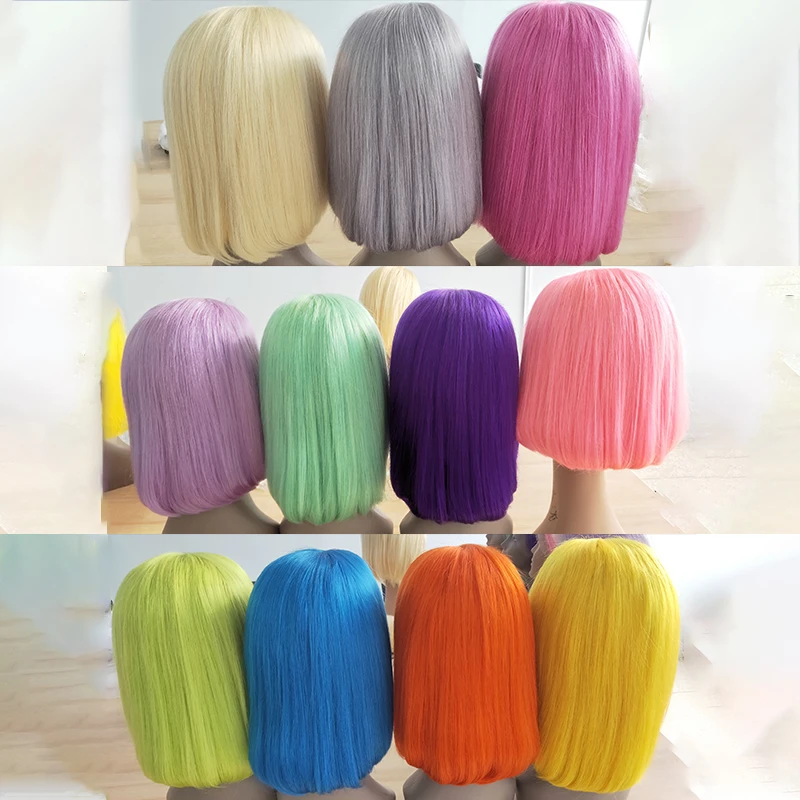 Pelucas de cabello humano con frente de encaje Bob corto 13x4 Pelucas de cabello virgen de colores Pre desplumadas 613 Rubio Rojo Rosa Azul Naranja Amarillo Pelucas de cabello.jpg