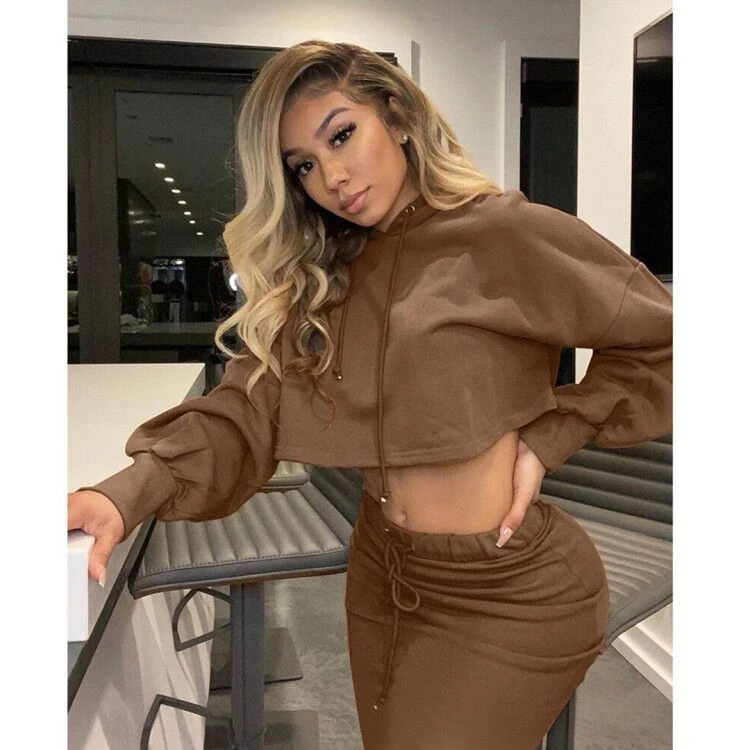 New Style Good Quality Solid Color Crop Top Bodycon 2 Piece Skirt And Top Set Two Piece Set Women Clothing