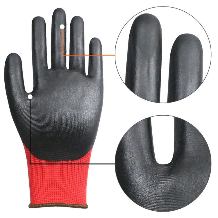 
Thin red nylon with nitrile microfiber foam coated palm gloves <span style=