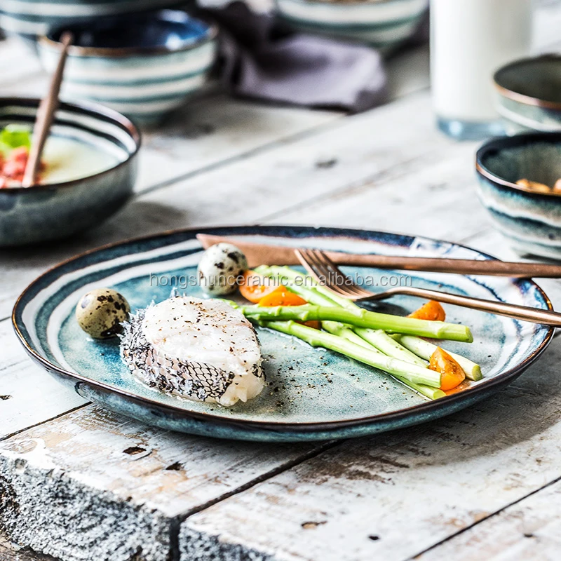 Japanese Glazed Stoneware Plates, Soy Sauce Bowls And Sushi Pan Ceramic Dinnerware Set