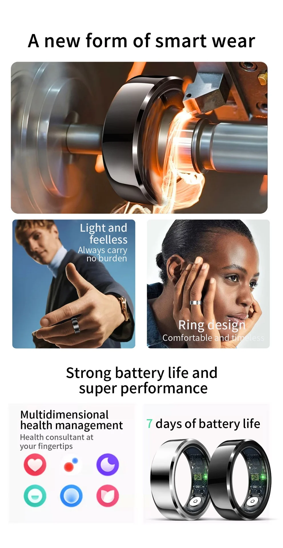 LA380 Smart Ring IP68 Waterproof Heart Rate Blood Oxygen Monitoring Sleep Tracking Remote Control Ceramic Case Android iOS