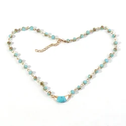 Women Ethnic Jewelry 4mm Crystal Glass Beads Blue Gold Rosary Chain Necklace Gemstone Crescent Moon Pendant Choker Necklace
