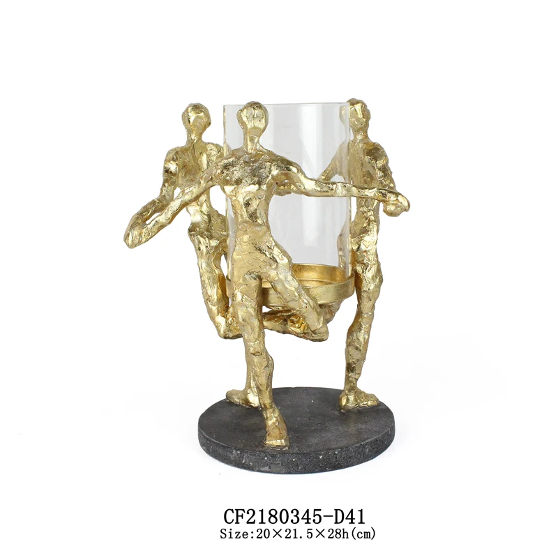 Wholesales Resin gold 3 Dancing Men Candle Holder Hurricane For Indoor Home Decor supplier