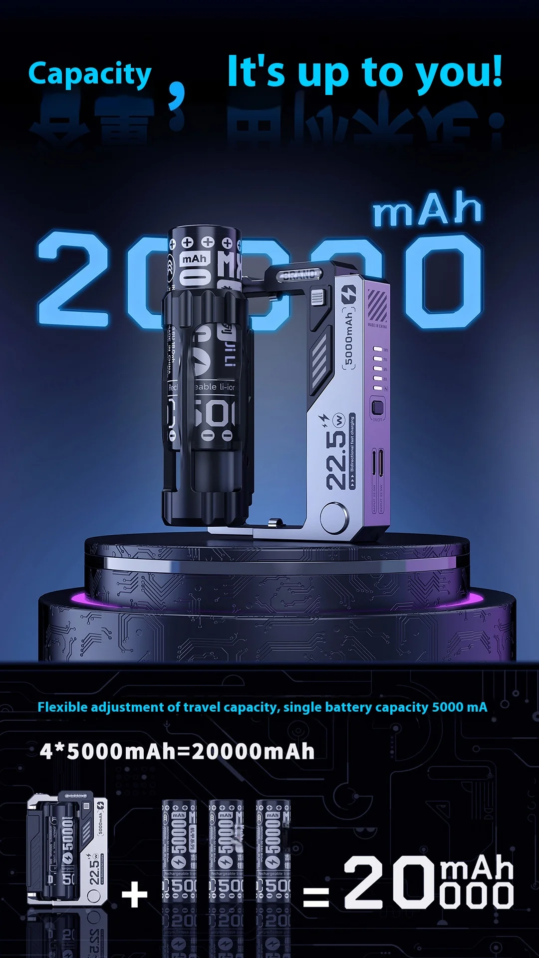 New Design OEM/ODM LI-Polymer Battery Interchangeable Clip Fast Charge Portable Slim 5000mAh Detachable Power Bank Witch Cable