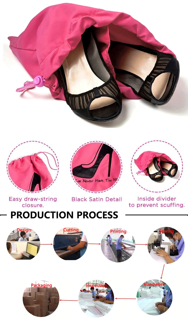 Fashion Custom Polyester Satin Drawstring High Heel Shoe Dust Bag With Divider
