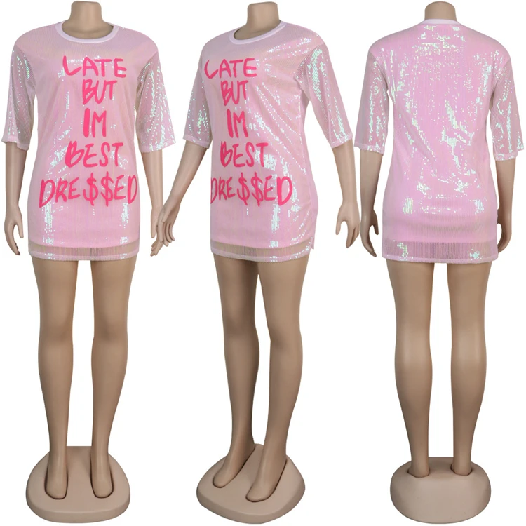 12326NA new style women long sleeve round neck print letter sexy mini clubwear sequin dress Sequin Lady Sexy Dress