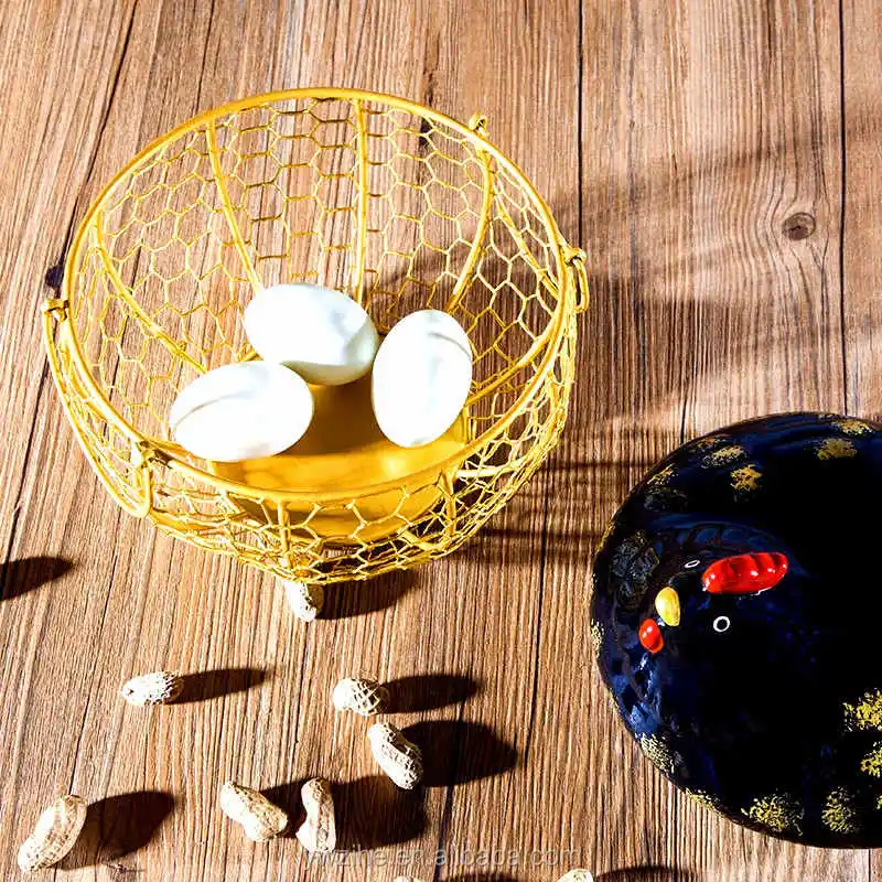 Ceramic Egg Holder Chicken Wire Metal Egg Basket Fruit Basket Collection  Ceramic Hen Oraments Decoration Kitchen Storage