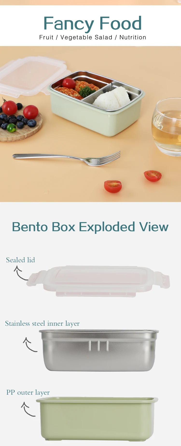 18/8 Recyclable Bulk Lunch Boxes Inner Stainless Steel Outer Plastic