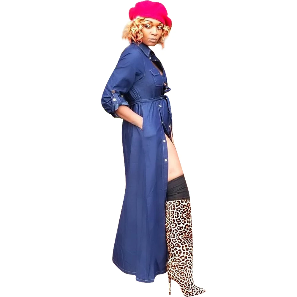 MVL9046 women fashion solid high slit maxi denim dress MVL9046