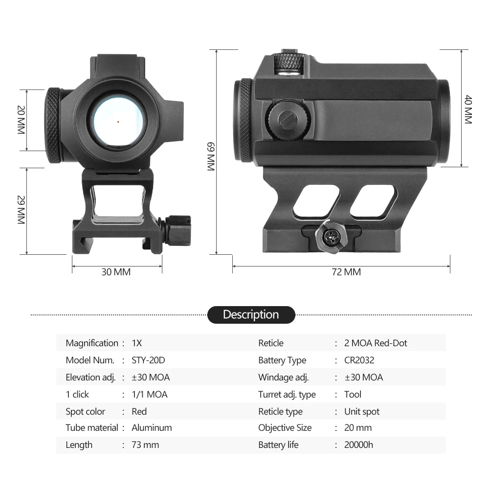 Tactical Solar Power Reflex 1x20 Red Dot Sight Scope High Mount Base