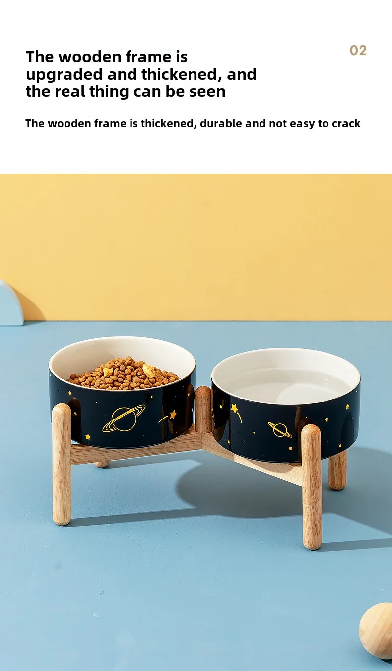 Ceramic Double Dog/Cat Food Bowl Protective Rack High Foot Design Solid Pattern Eco-Friendly Cervical Spine Protection Pet Water