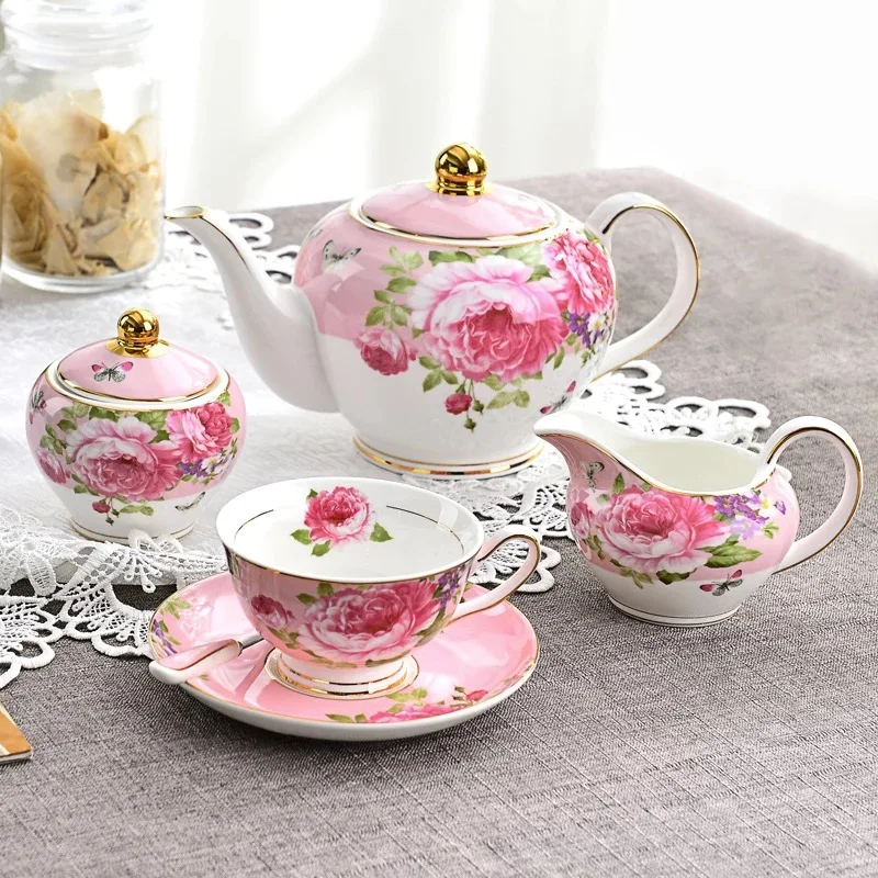 Custom Luxury Pink Color Floral Turkish Tea Cup Saucer Sets,Fine 5 Pcs Porcelain Tea Set Tea Pot Set details