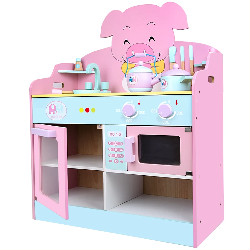 Children Cooking Toy Wooden Set Accessories Playsets Piggy Kitchen Set Toys  for Girls
