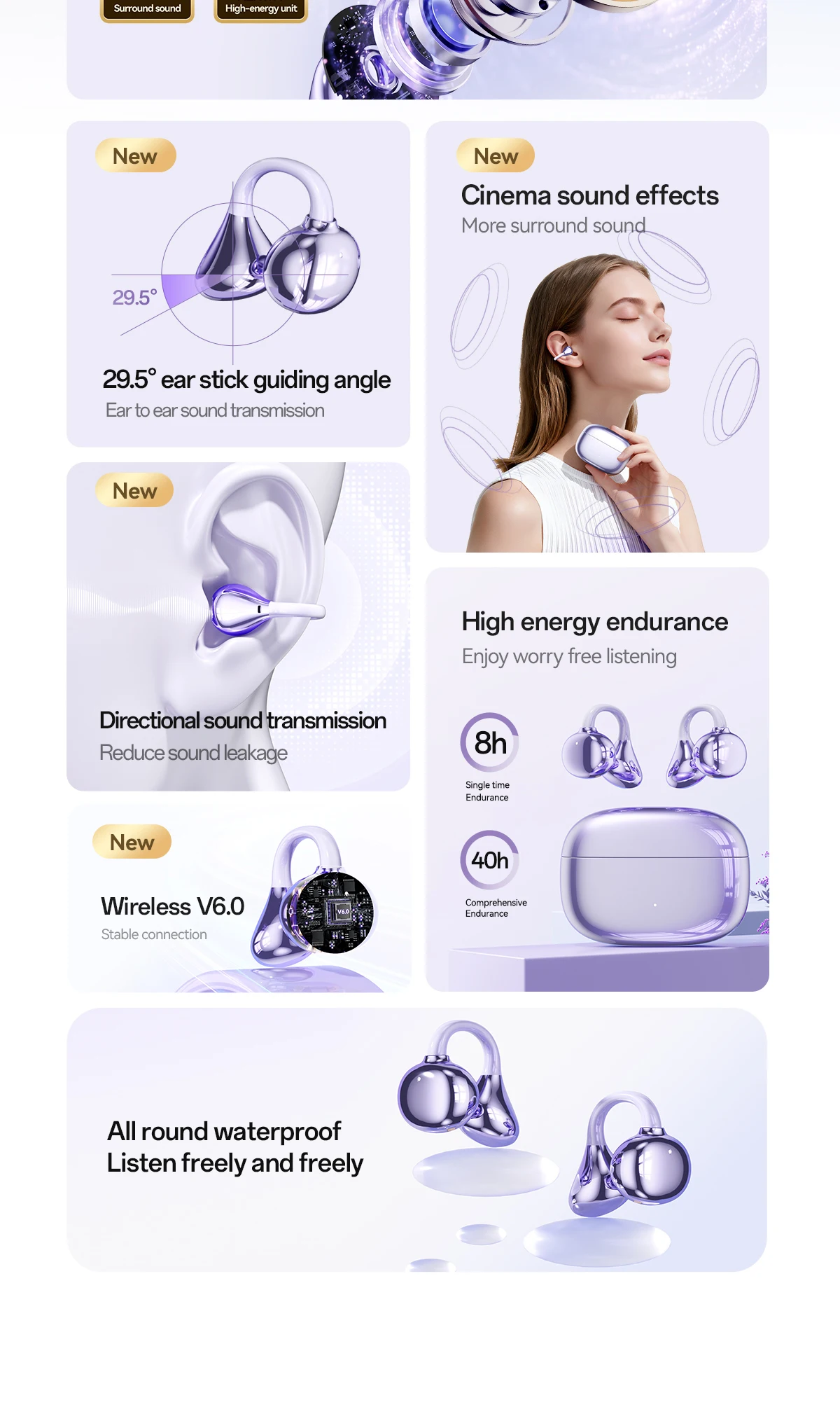 M159 OEM ODM Open Ear Clip Wireless Earbuds BT 6.0 40H Battery LED HD Calling ENC Waterproof Dual Transducers Custom Logo