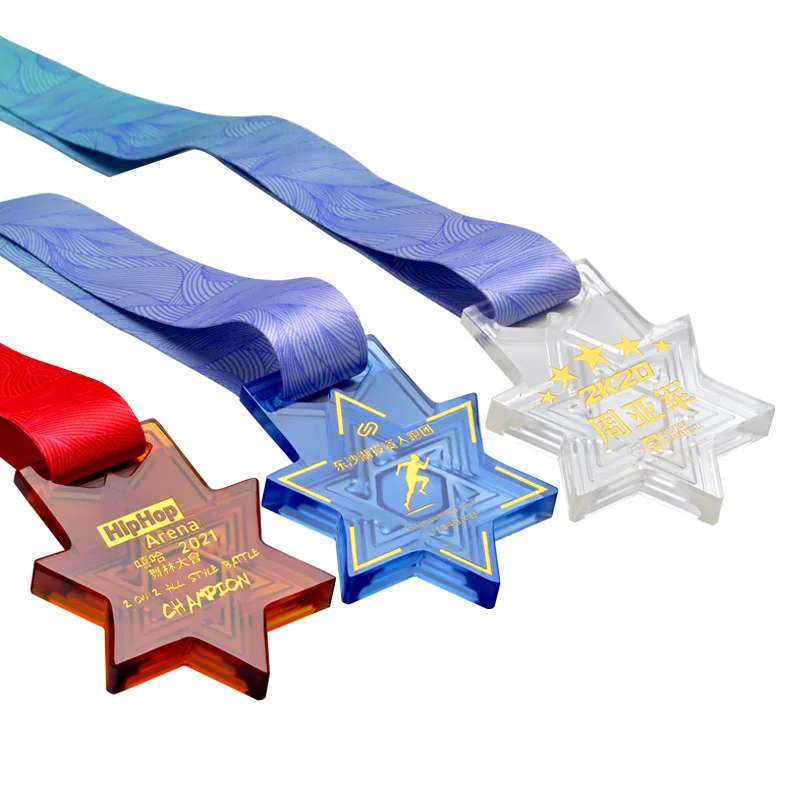 High Grade New Crystal Medal Ribbon Logo Engraved Gold Marathon Soccer Basketball  Sports Medals Souvenir Gifts manufacture