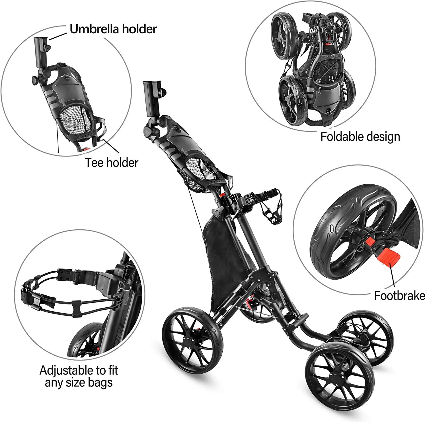 Gp New 4 Wheel Golf Push Cart Golf Trolley With Foot Brake And Umbrella ...