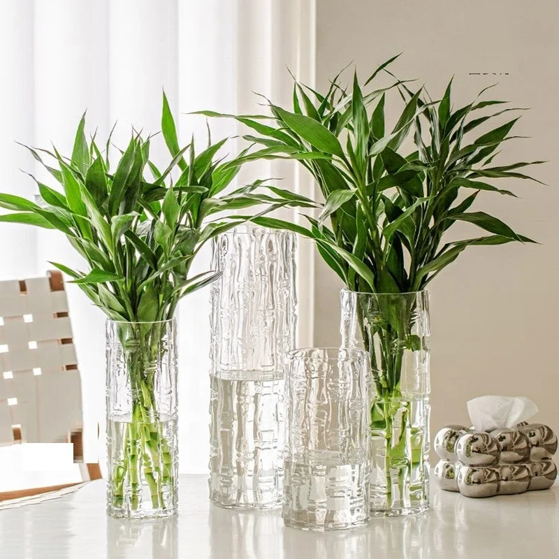 Long Tall clear Bamboo Ribbed Modern Flower Glass Vases With Round Bottom  for Wedding Centerpieces