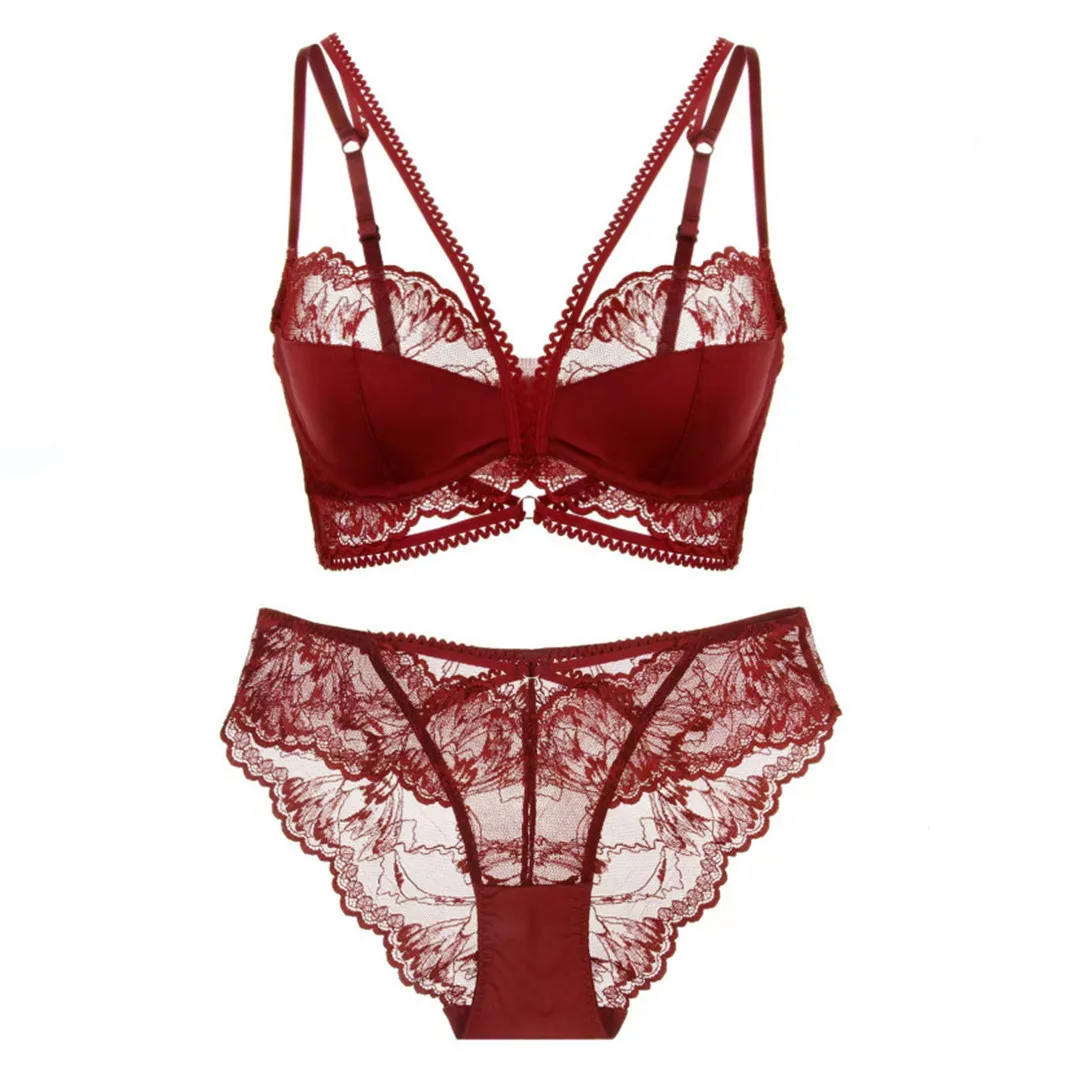 French-Style Ultra-Thin Lace Lingerie Set Red Zodiac Year Bra Large Bust Minimizing Anti-Sagging Breathable Floral Bikini Panta