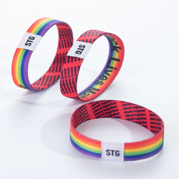 Custom Festival Polyester Fabric Elastic Wristbands With Woven Label