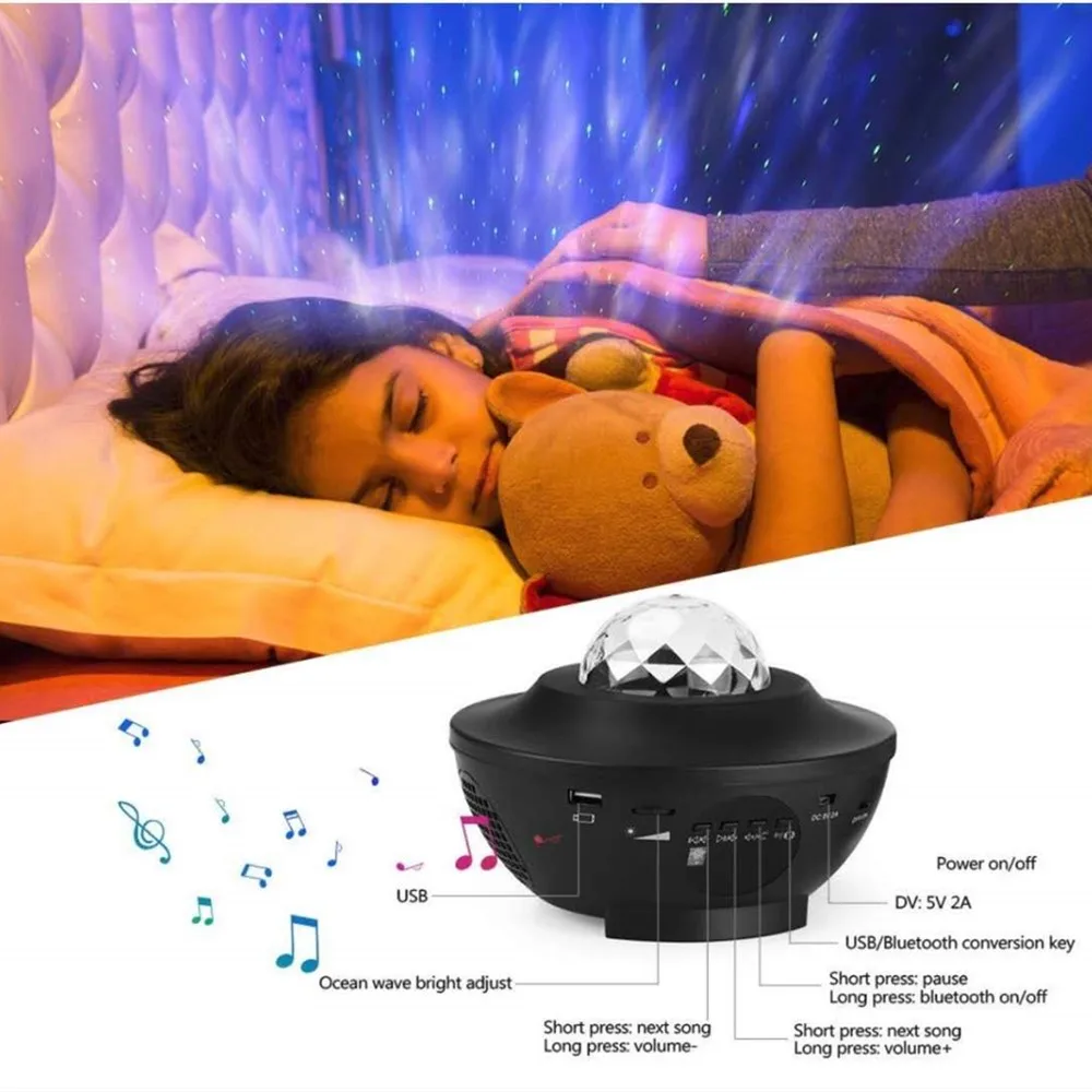 Voice & Remote Control Bedroom Ocean Wave Night Light Projector with Music Player