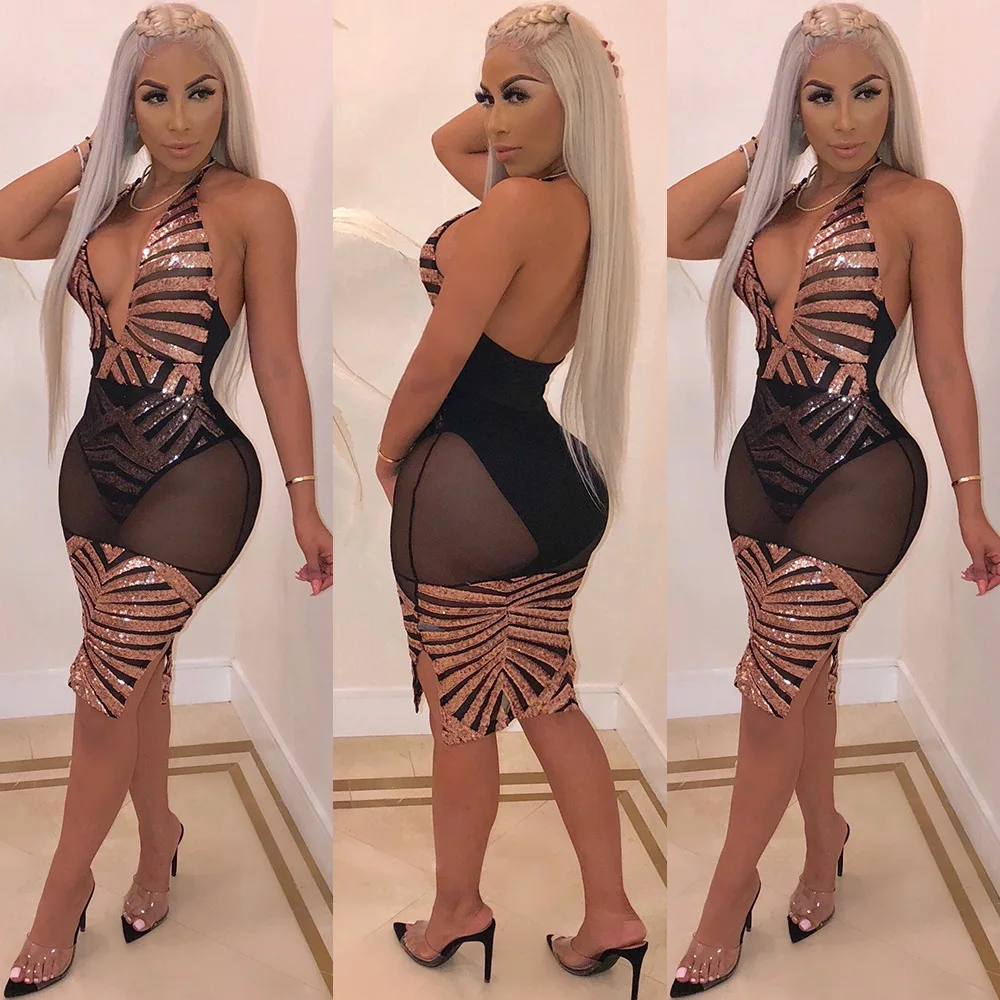 2019 deep V night party sexy women clothing bandage sleeveless mesh nightclub sequin dress