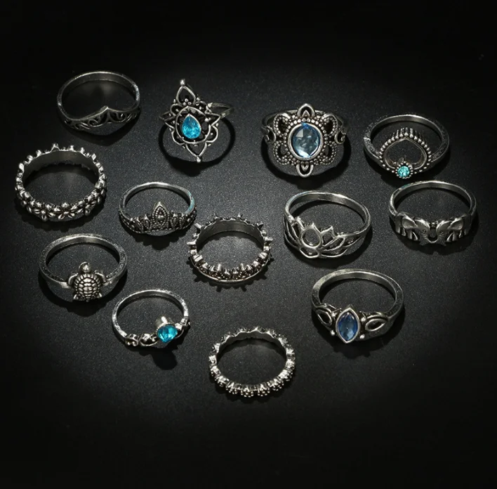 New animal ring retro fashion hollowed-out lotus crown diamond peach heart elephant ring 13-piece set
