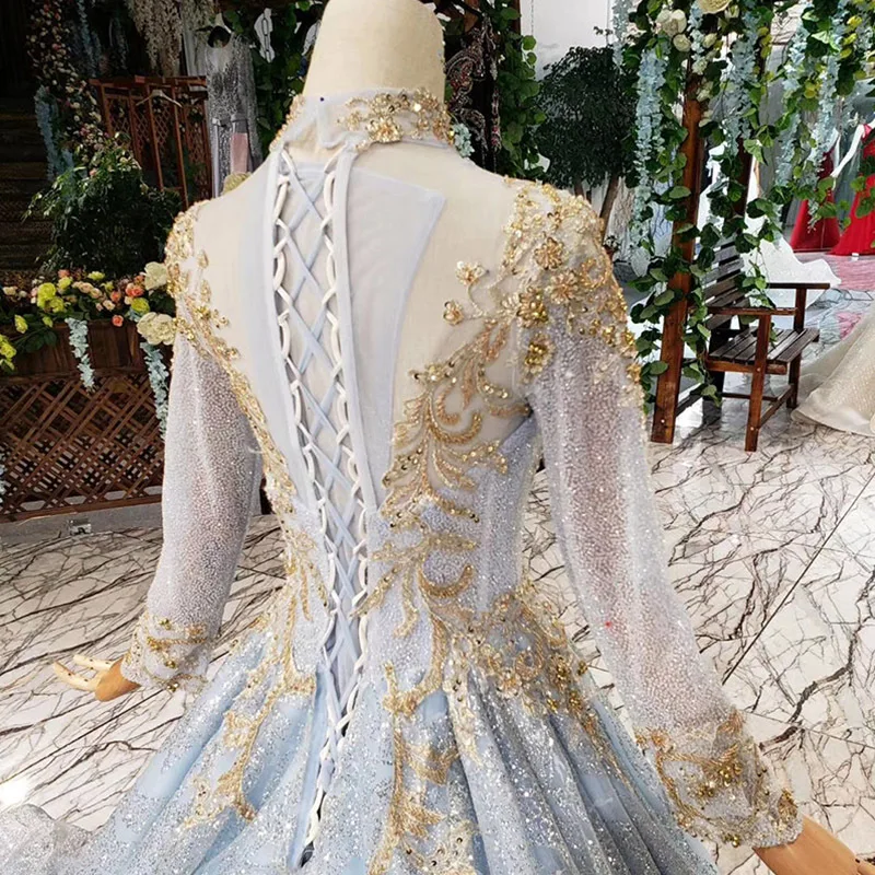 Real Photos Golden Lace Light Blue Ball Gowns Wedding Dress Bridal Dresses Long Sleeve Beading Dress Custom