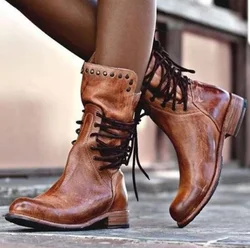 Women Leather Mid Calf Boots Retro Punk Lace-Up Low Heels Autumn Winter Motorcycle Boots Vintage Round Toe Cowboy Western Boots