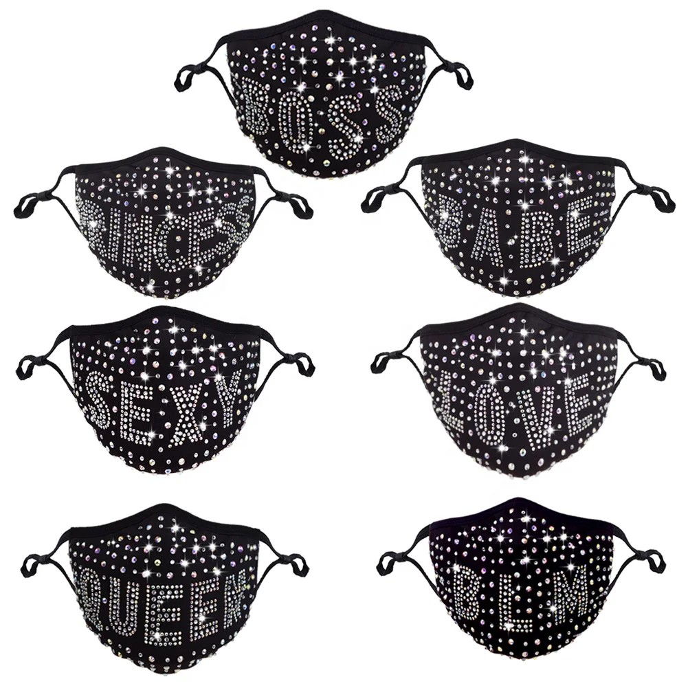 
Wholesale Washable Reusable Fashion BLM Women Men Rhinestone Party Cloth Black Face Shield Mask with filter 