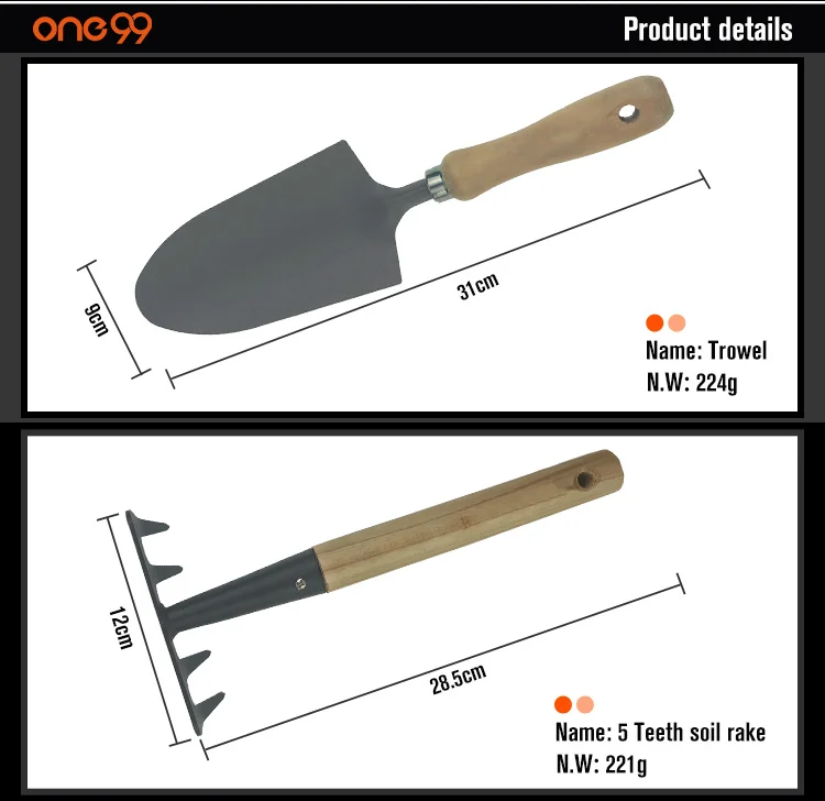One99 Wooden Garden Tools Set Custom Hand Tools 7pcs Powder Coating