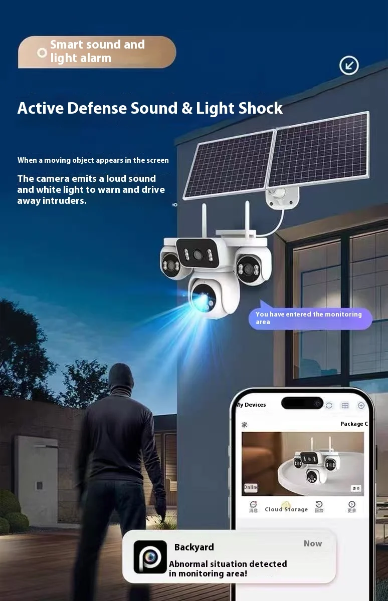 太阳能AOV四视图室外无流4g摄像头360度CMOS传感器云存储手机远程监控