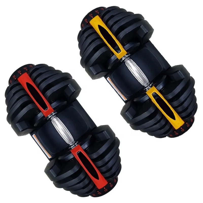 

High Quality Automatically 24kg 40kg Adjustable Dumbbell New Pattern Flexible Easy Weight Change Dumbbell Set, Black/red/yellow