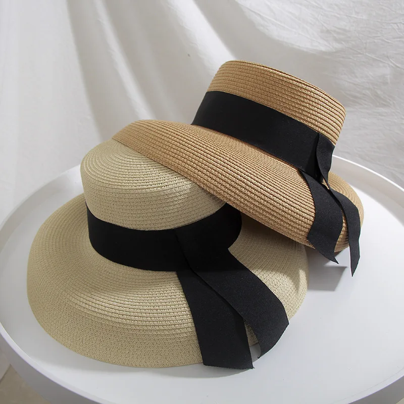 7055 Fashion Summer Girls Beach Sun Hat Wholesale Custom Plain Wide Brim Ribbon Straw Hat For Women