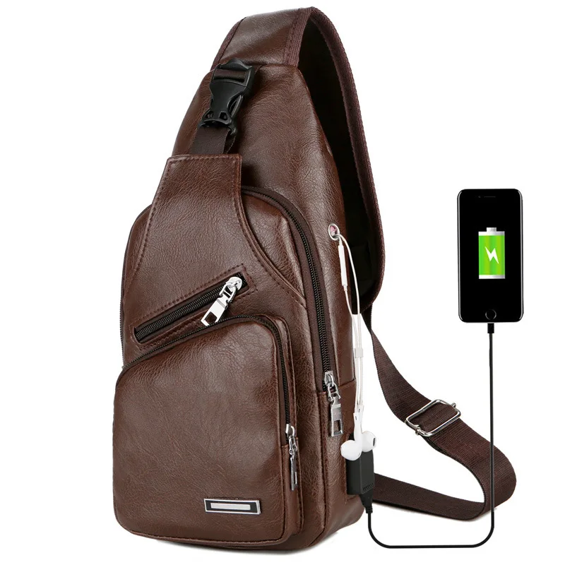 USB Charging Crossbody Anti-theft Chest Bag PU Leather Short Trip Messengers Bag Men Shoulder Bags M1091