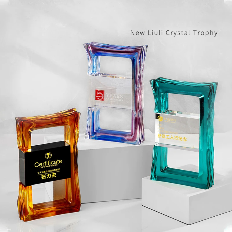 Honor Gate Shape New Crystal Glass Trophy with Liu li Color Glaze for Anniversary Celebration Annual Meeting Awards LJ-1026 factory