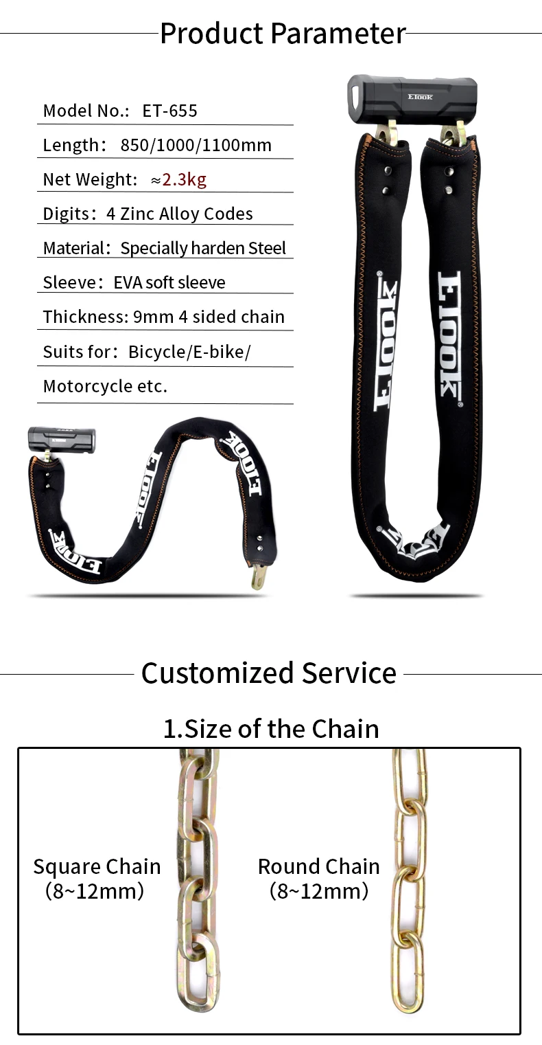 Etook Bike Chain Link Lock Combination Security Antitheft Bike Lock
