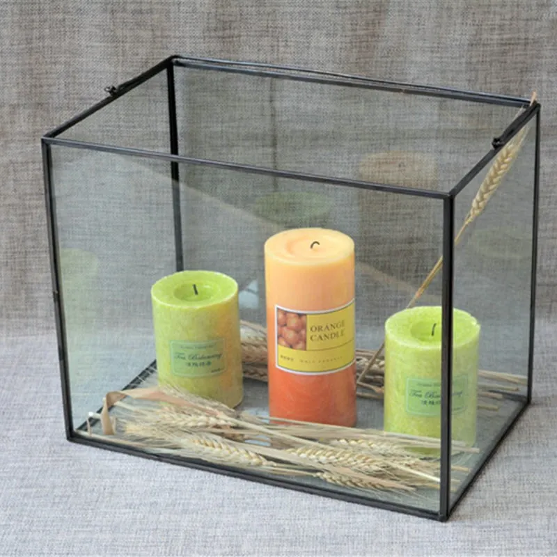 Hanging Rectangular Shape Black Modern Glass & Metal Lantern Candle