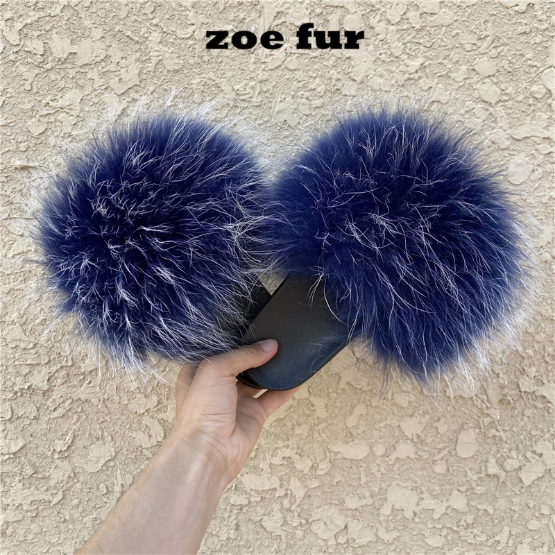 
wholesale custom logo 100% fluffy raccoon slides real raccoon fur sandals fox fur slides 