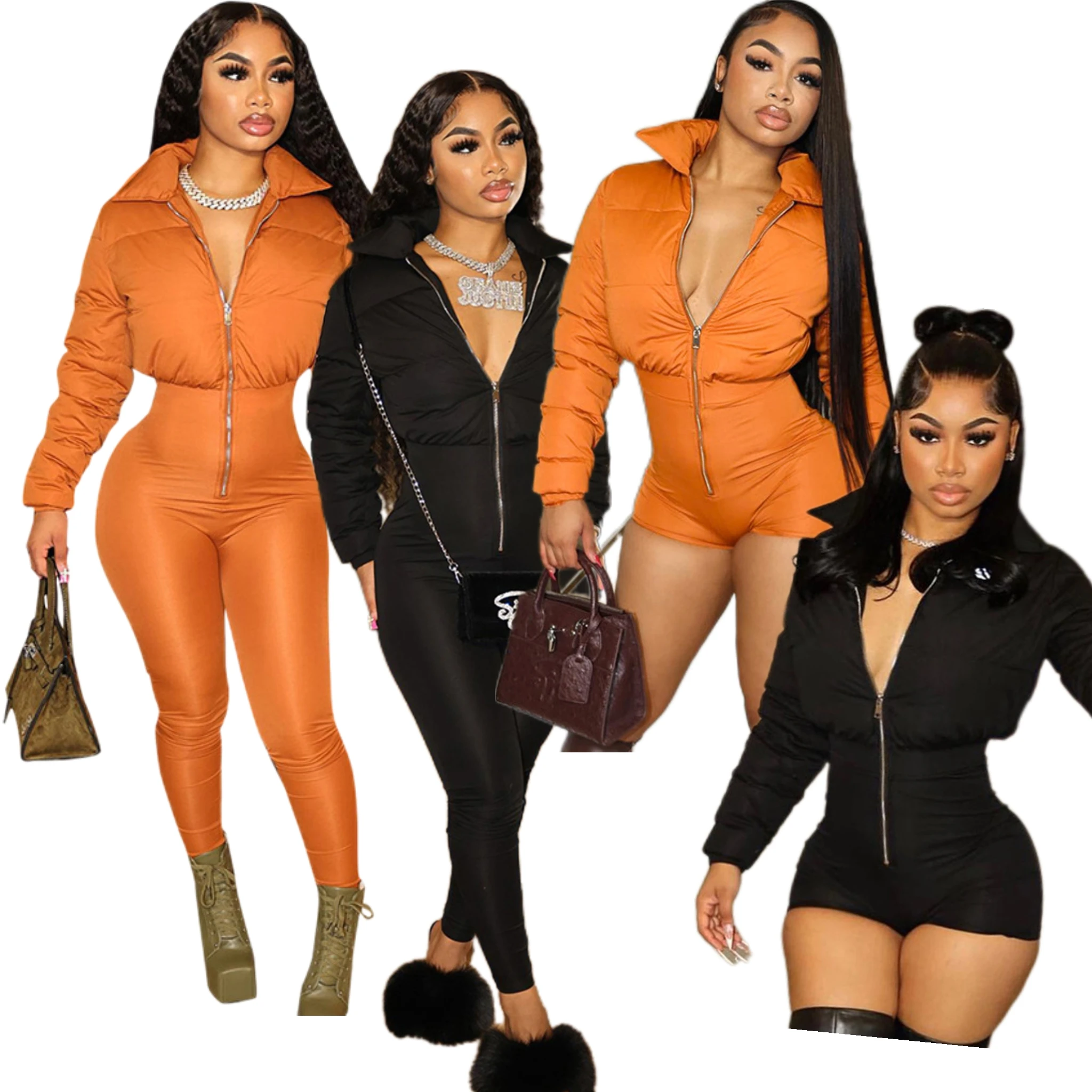 New Product Splicing Orange Romper Coat Winter Thick Jacket Zipper